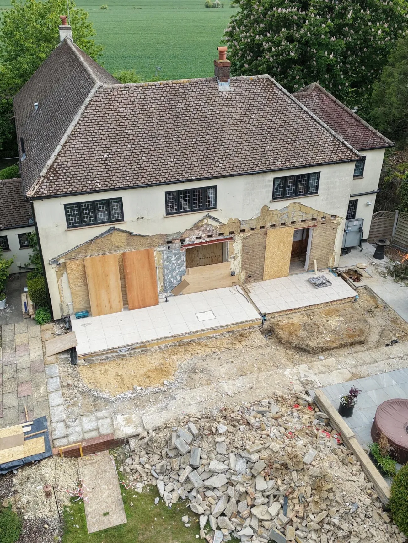 An aerial view of a major rear extension under way on a period home, by G.L. Smith & Sons