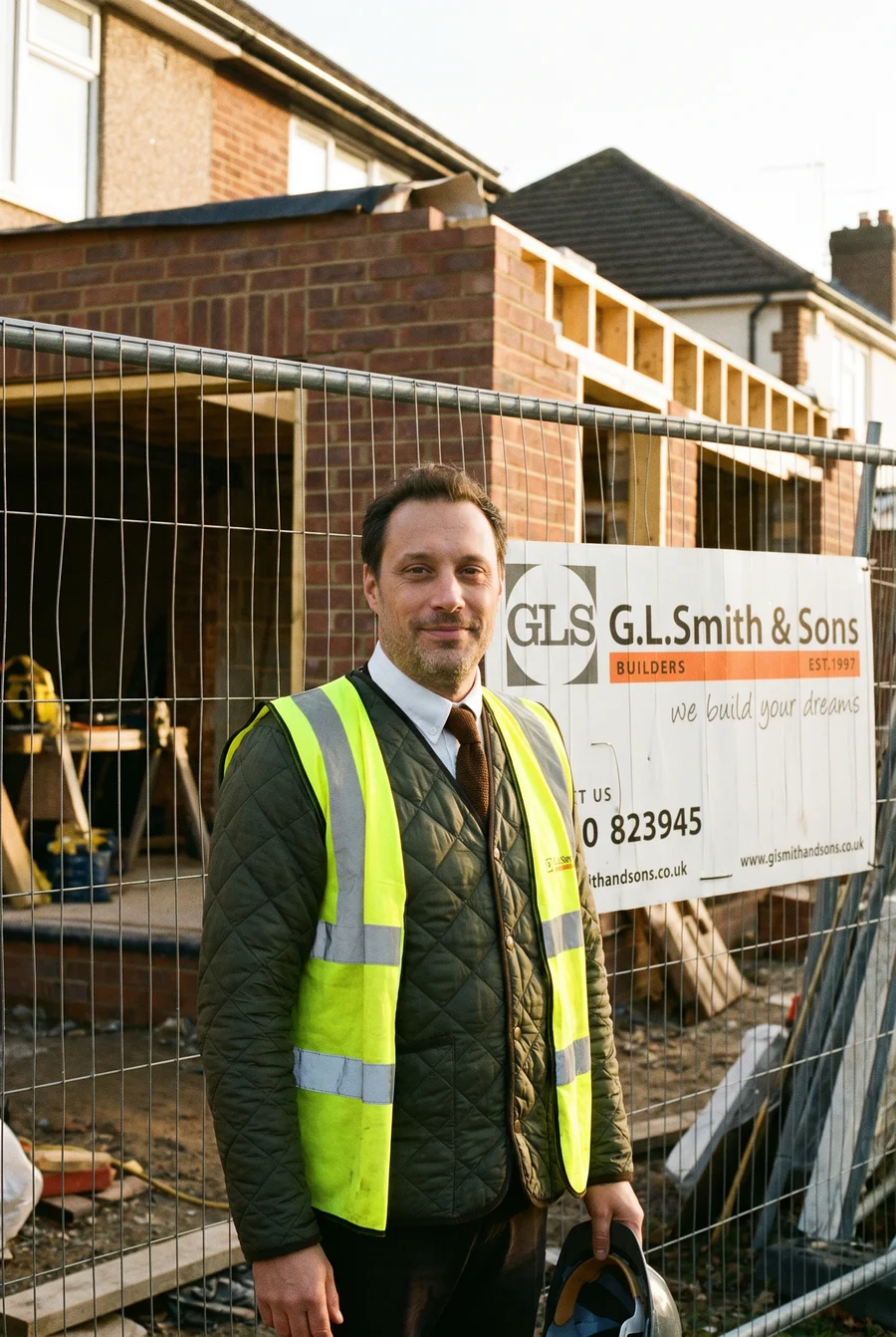 Dale Smith of G.L. Smith & Sons, on site in front of the company hoarding