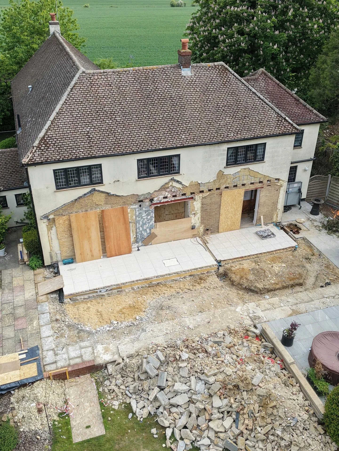 An aerial view of a major rear extension under way on a period home
